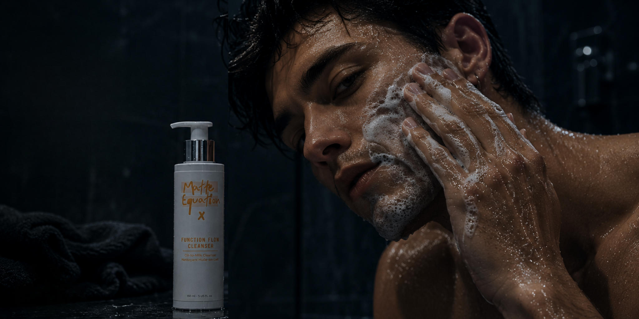 Man washing his face with a bottle of Men's Grooming product in the background
